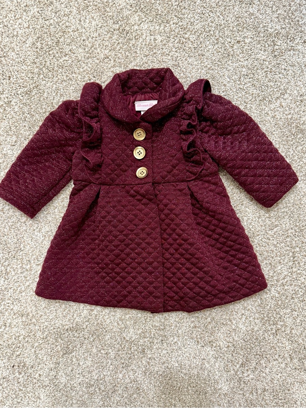 Quilted Burgundy Pea Coat with Ruffle Detail